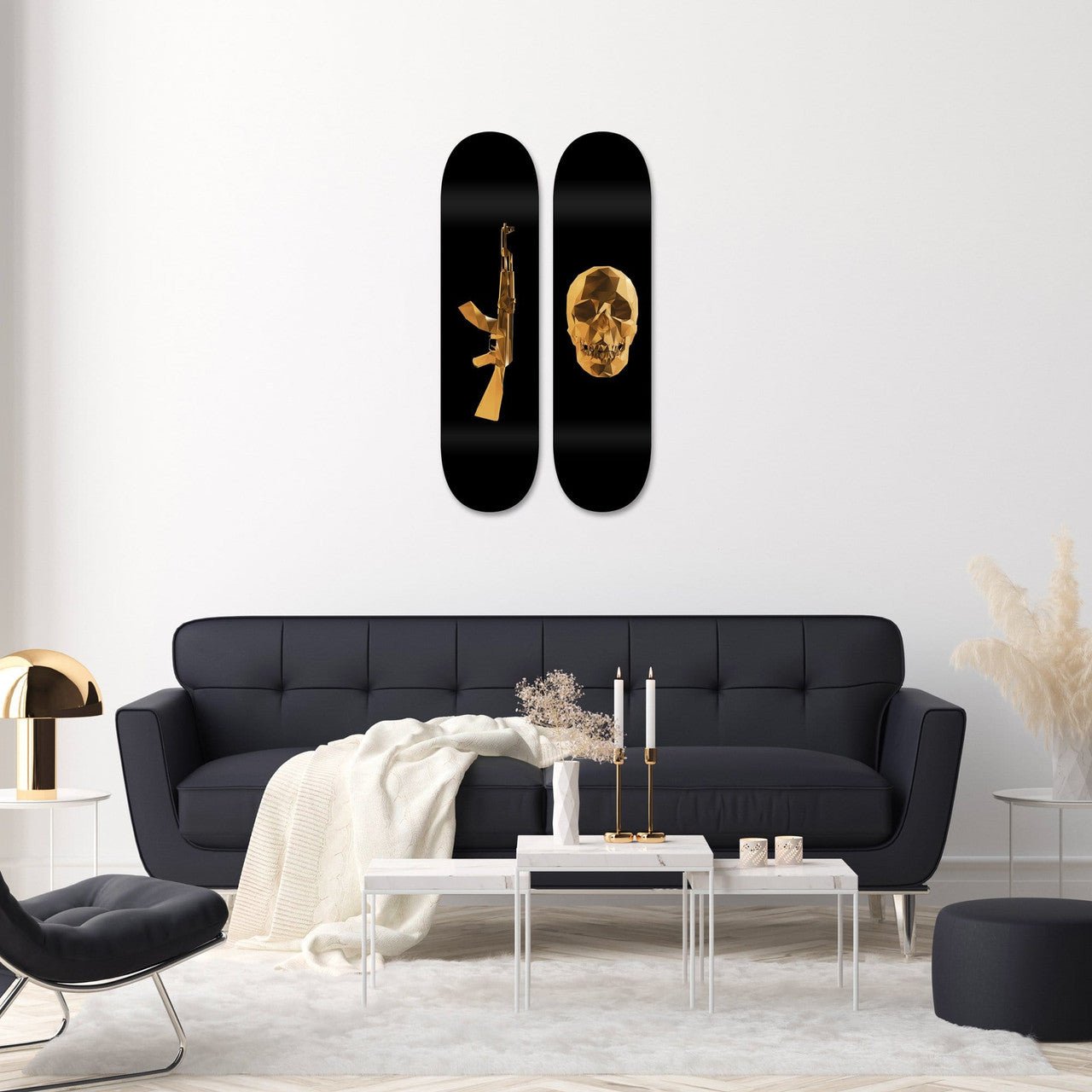 Bundle: "Gold AK-47 & Skull" - Skateboard - The Art Lab Acrylic Glass Art - Skateboards, Surfboards & Glass Prints Wall Decor for your Home.