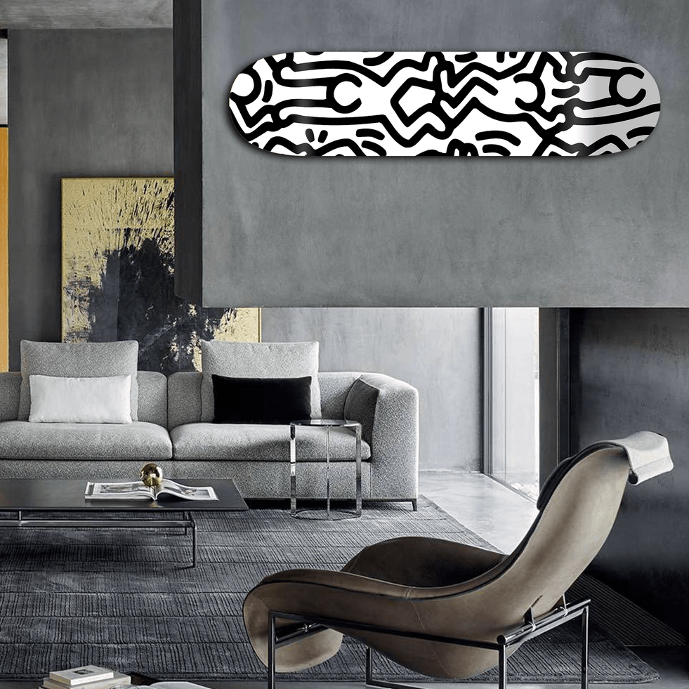"Happiness B&W" - Skateboard - The Art Lab Acrylic Glass Art - Skateboards, Surfboards & Glass Prints Wall Decor for your Home.
