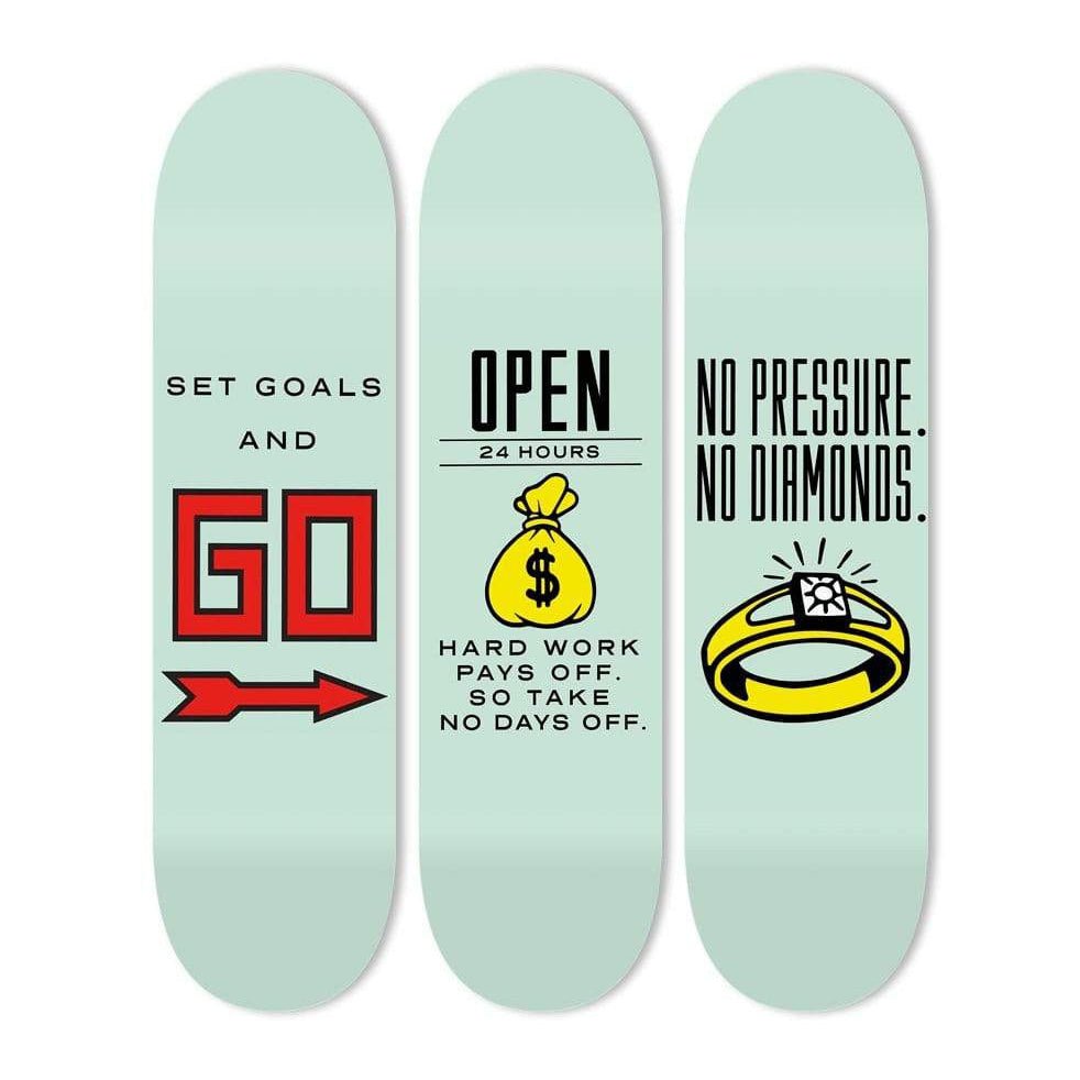 Bundle: "Set Goals & Open 24/7 & No Pressure" - Skateboard - The Art Lab Acrylic Glass Art - Skateboards, Surfboards & Glass Prints Wall Decor for your Home.